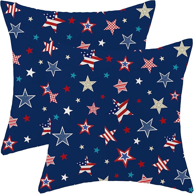 4th of July Pillow Covers 16 x 16 Inch, Blue Red Patriotic Stripes Star Decor Throw Pillows for Couch Bed, American Flag Independence Day Decorative Pillowcase Linen Cushion Cover Set of 2
