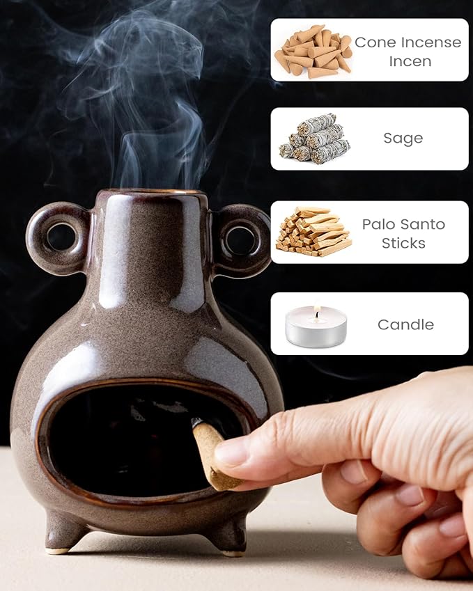 Ceramic Chiminea Palo Santo Holder, Modern Incense Holder Burner for Sticks Sage Bundles Cone Incense, Chimenea Incense Dish for Meditation Decor, Brown