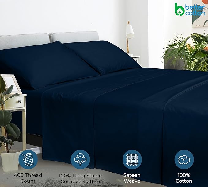 400 Thread Count 100% American Grown Cotton Navy Flat Sheet Only - Cooling Sheets - Luxury Sateen Weave - Full Size Flat Sheet Sold Separately - Super Soft Cotton Top Sheets (Full, Rivera Navy)