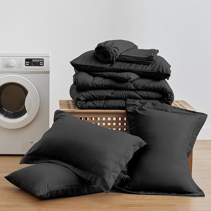 Love's Cabin Oversized Queen Comforter Set, 7 Pieces Queen Bed in a Bag, All Season Bedding Sets with 1 Comforter, 1 Flat Sheet, 1 Fitted Sheet, 2 Pillowcase and 2 Pillow Sham, Black