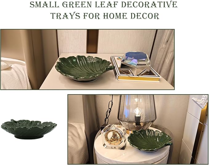 Green Decorative Tray Small Palm Leaf Style for Entryway Table Ceramic Leaf Tray for Kitchen Decor Cocktail Table Decoration