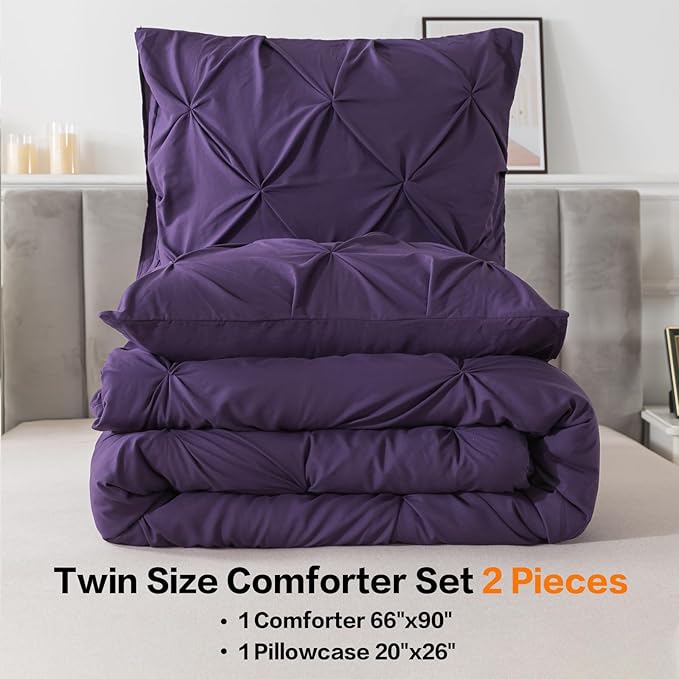 Andency Purple Comforter Twin(66x90Inch), 2 Pieces(1 Pintuck Comforter, 1 Pillowcase) Microfiber Pinch Pleat Comforter Set Twin Size, Lightweight and Soft Bedding Comforter Set