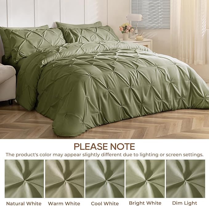 Sasttie Twin XL Comforter Set, 5-Piece Bed in a Bag, Pintuck Bedding Sets for All Season, Includes Comforter, Flat Sheet, Fitted Sheet, Pillowcase and Pillowsham, Olive Green