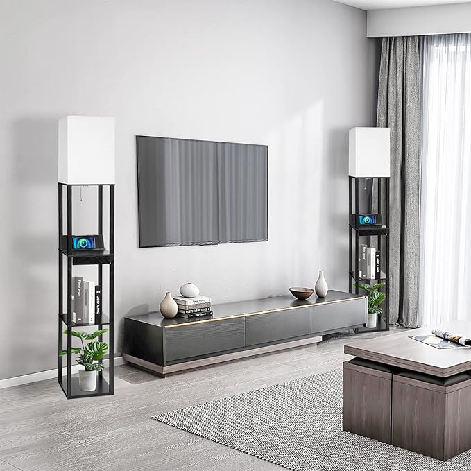 Floor Lamp with Shelves, RUNTOP LED Shelf Floor Lamp with Wireless Charger & 2 Charging USB Ports & Drawer, AC Outlet, 3 Color Temperature Tall Standing Lamp with Bulb for Living Room, Bedroom, Office