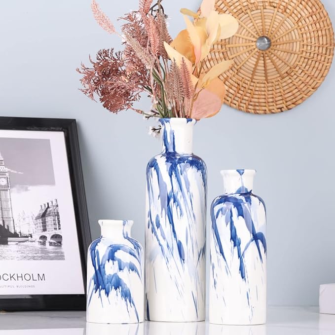 Blue Ceramic Vase Set - 3 Decorative Navy Blue and White Vase for Centerpieces, Farmhouse and Home Decor - Ideal for Living Room, Kitchen, Bedroom, Dining Table and Office Decor