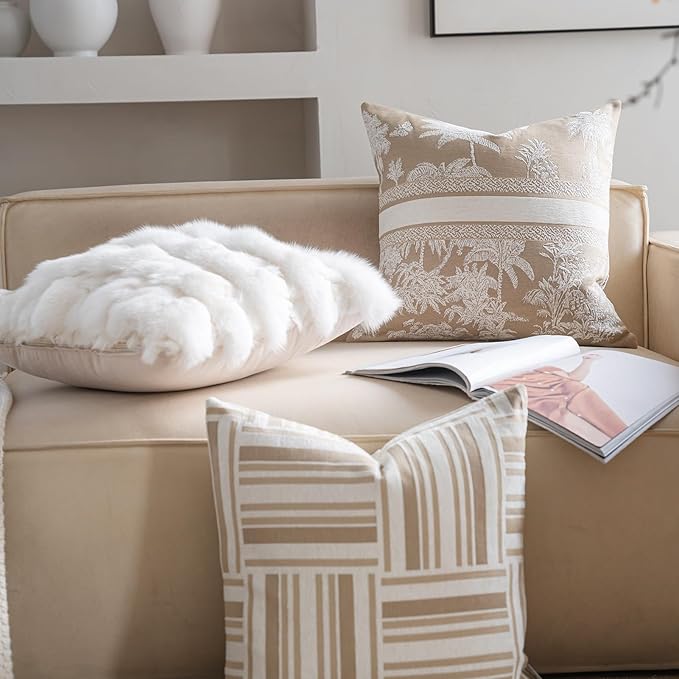Premium Throw Pillow Covers 22x22 Inches - Oatmeal Jungle with White Palm Tree Chenille Jacquard Embroidery Decorative Couch Pillow Covers for Living Room Bedroom Sofa