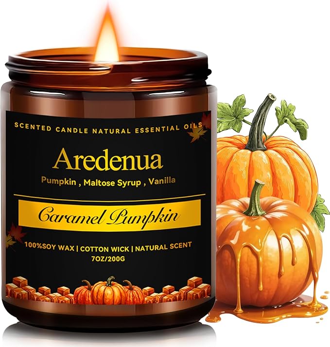 Fall Candles - Caramel Pumpkin Candle | Halloween Pumpkin Candles - Autumn7 OZ Autumn Soy Candle for Home Scented - Cozy Autumn Home Décor, Perfect Halloween & Thanksgiving Gift
