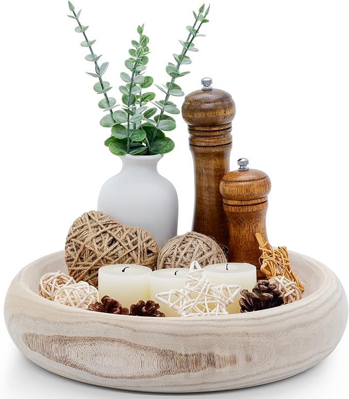 Wooden Decorative Bowls, 13 Inch Round Paulownia Wood Centerpiece Bowls for Home Decor, Natural Fruit Bowl for Coffee Table, Key Tray for Entryway Moss Holder (Wooden)