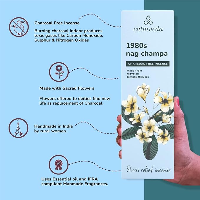 1980s Nag Champa Incense Sticks - Earthy, Floral Scent Blended with White Musk Incense (80 Sticks) | Charcoal Free, Made with Upcycled Flowers | Stick Incense for Calming (Inciensos Aromaticos)