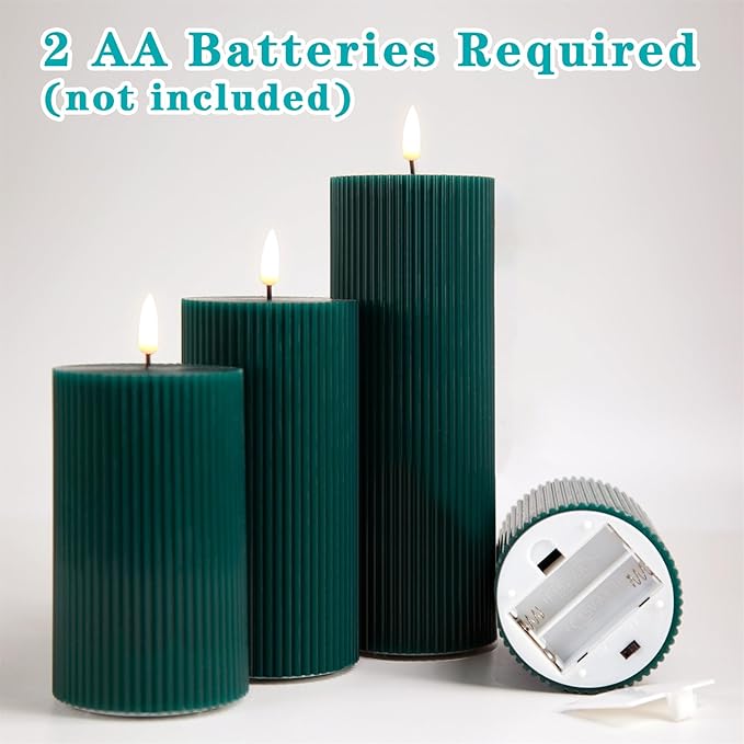 Teal Ribbed Flameless Pillar Candles with Remote, Flat Top Flickering LED Wax Battery Candles Set of 4, Φ 3" H 4" 5" 6" 8"