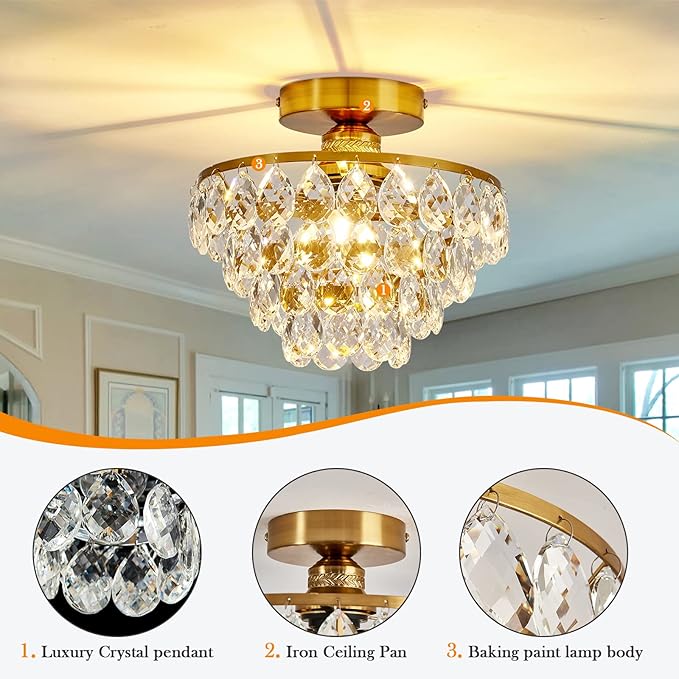 YYJLX Modern E26 Small Crystal Chandelier Semi Flush Mount Ceiling Light Fixture Gold Ceiling Lamp for Hallway Bedroom Bathroom Closet Bedroom Foyer