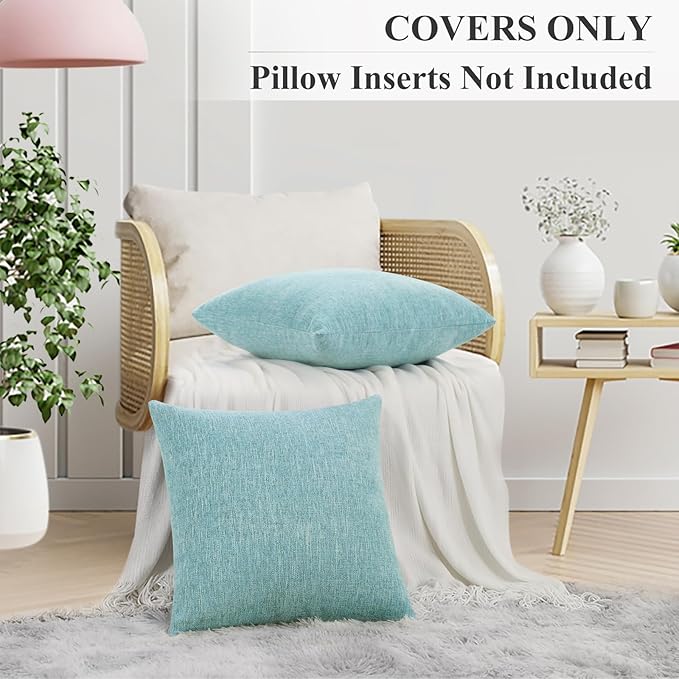 decorUhome Chenille Decorative Throw Pillow Covers 18x18 Set of 2, Farmhouse Textured Square Neutral Solid Accent Pillow Covers for Couch Sofa Bed Living Room Home Decor, Turquoise