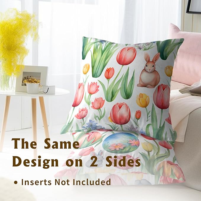 Easter Day Throw Pillow Covers - Sping Bunny Pillow Covers 16x16 Inch Set of 2 Floral Rabbit Pillowcase Colored Tulip Flower Cushion Cover for Couch Sofa Garden Patio