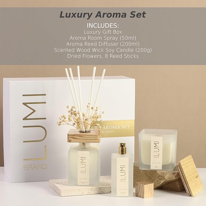 Luxury Aroma Gift Set | Peony Garden | Reed Diffuser (200ml), Wood Wick Soy Candle (200g), Room Spray (50ml) | Includes Dried Flowers & 8 Reeds | Home Fragrance Gift for Women & Home Décor