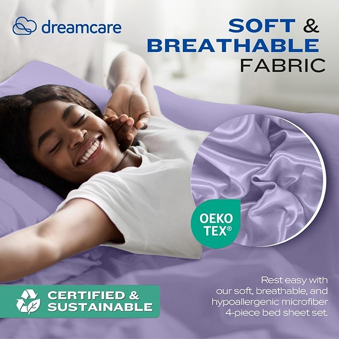 DREAMCARE Twin XL Sheets Set - 4 Pcs Cooling Bed Sheets with Up to 15" Deep Pockets - Soft, Long-Lasting 100% Brushed Polyester with Side Pocket (Lavender)
