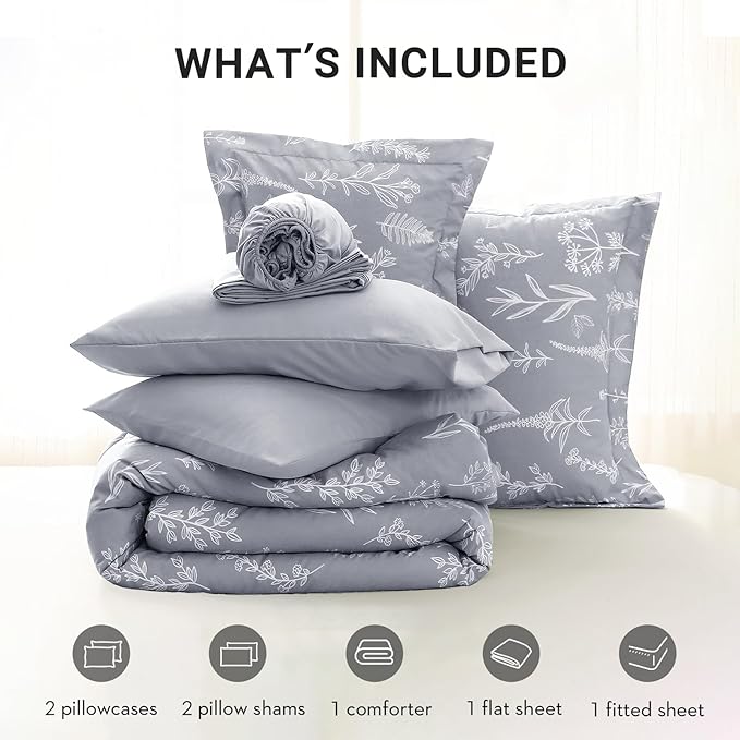 MUXHOMO Light Grey Full Comforter Set, Elegant Floral Print Bed in a Bag 7 Pieces, Ultra Soft & Breathable Reversible Botanical Pattern Bedding Set with Comforter, Sheets, Pillowcases, and Shams