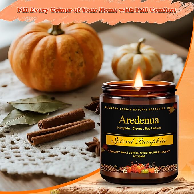 Fall Candles - Spiced Pumpkin Scented Candle, Autumn Scented Candles for Home - Natural Soy Autumn Candle - 7 oz Aromatherapy Candle, Fall Gifts for Women Men