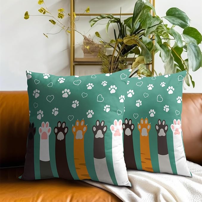 Paw Print Throw Pillow Cover - Colorful Dogs Cat Paws Pillow Covers 20x20 Inches Set of 2 Pillowcases Pet Footprint Cushion Cover for Sofa Home