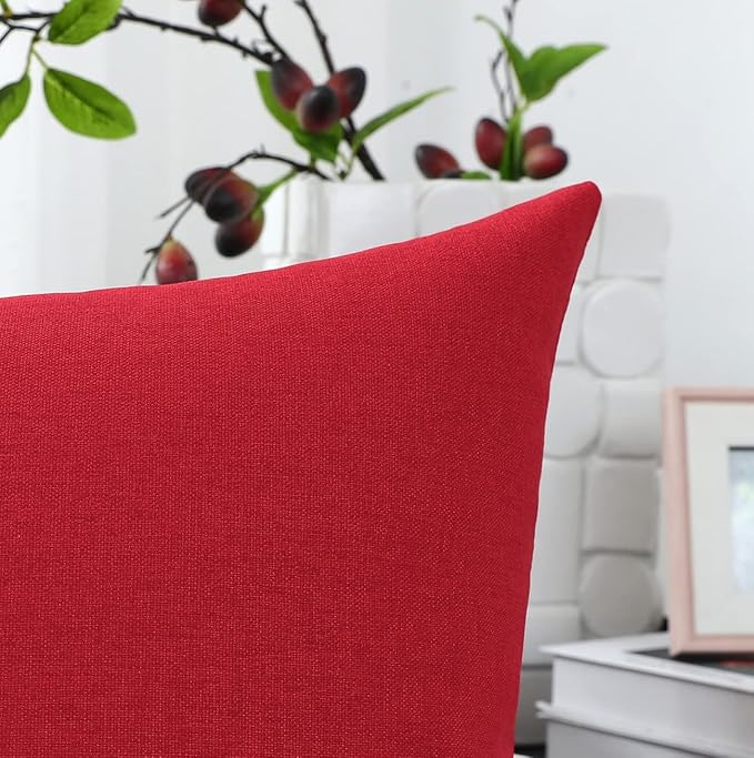 Jeneoo Decorative Christmas Red Throw Pillow Covers Rustic Farmhouse Square Linen Burlap Soft Comfy Solid Cushion Couch Cases for Sofa Living Room (Set of 2, 20 x 20 Inches)