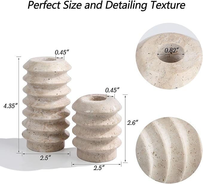 HofferRuffer Travertine Candlestick Holders, Set of 2 Natural Stone Candle Holder Decorative Candle Stands for Wedding, Dinning, Party, Table Centerpieces, Fits 3/4'' Thick Candles (Cream White)