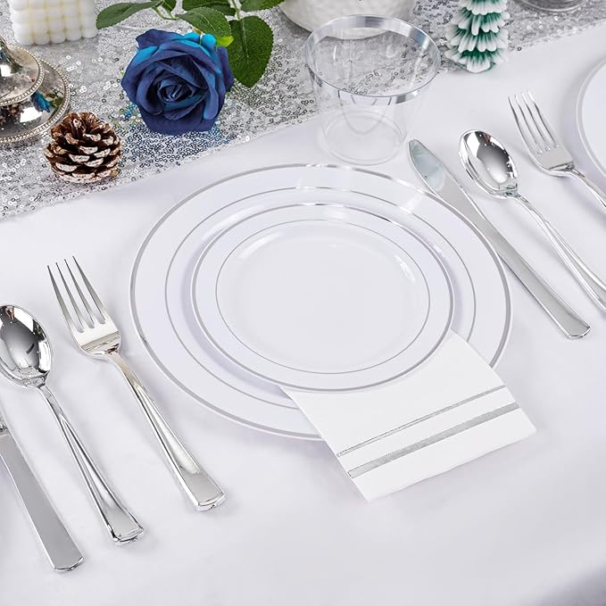 GATHER 700PCS Silver Plastic Plates - Silver Plate Set 100Guest - Disposable Dinnerware Sets 100Silver Rim Dinner Plates 100Silver Dessert Plate 100Paper Napkins&Cups&silver Plastic Silverware Set