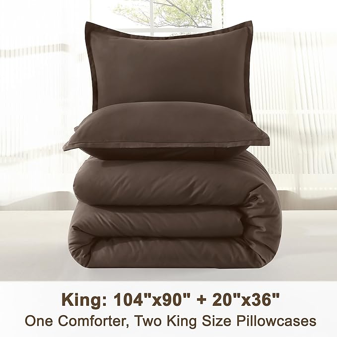Litanika Comforters King Size Chocolate, 3 Pieces Lightweight Solid Bedding Set & Collections, All Season Fluffy Bed Set (104x90 Inches Comforter & 2 Pillowcases)