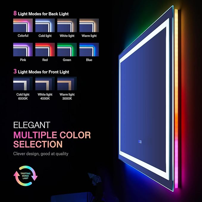 LOAAO 38"X38" LED Bathroom Mirror with Lights, Anti-Fog, Dimmable, RGB Backlit + Front Lighted, Bathroom Vanity Mirror for Wall, Memory Function, Waterproof, Tempered Glass