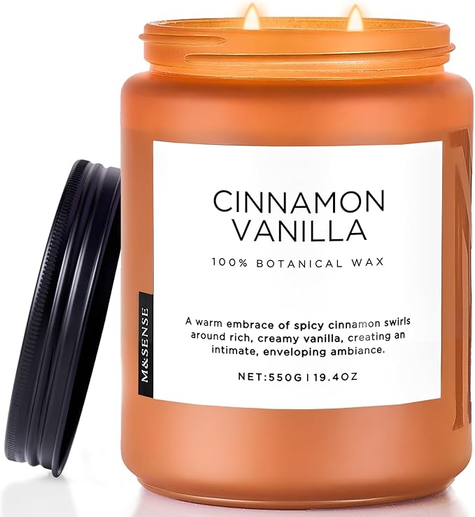 M&SENSE Cinnamon Vanilla Fall Scented Candles for Home, Natural Soy Wax 19.4oz 110 Hours Large Long Lasting Strong Scented Classic Christmas Holiday 2 Wicks Candle Gift Home Decor