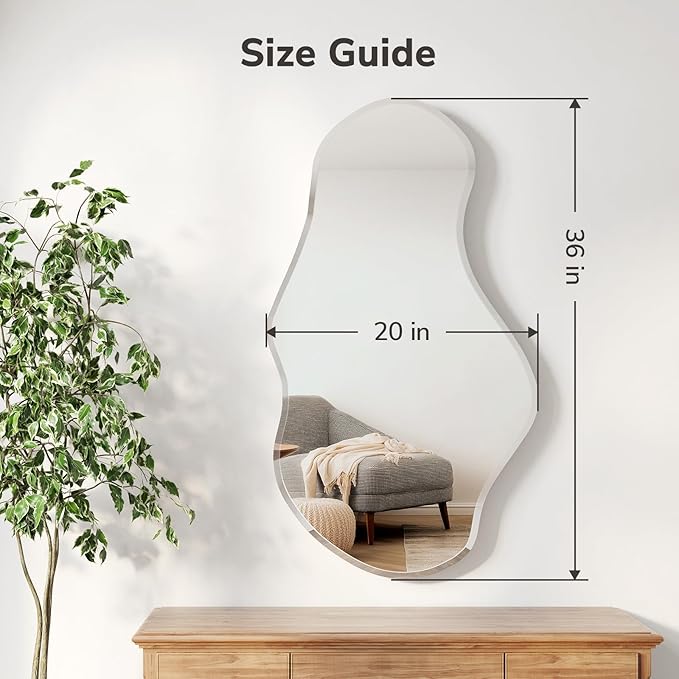 USHOWER Irregular Wall Mirror 20"x36", Frameless Wavy Mirror with Beveled & Polished Edge, Wall Mirrors Decorative for Bathroom, Bedroom, Living Room, Entryway, Cloakroom Renovation
