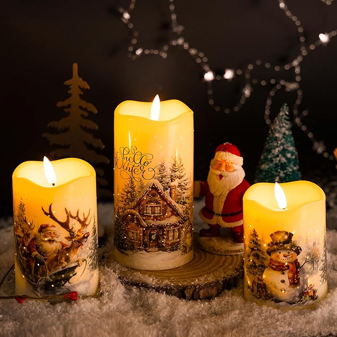 Christmas Flameless Flickering LED Candles with Remote Timer,Battery Operated 3D Wick Pillar Candles Fiber OIptic Decorative Lights Set of 3 for Decorations Indoor