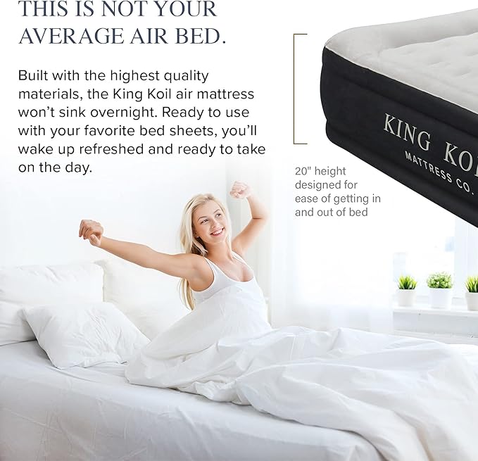 King Koil Luxury Twin Air Mattress with Built in Pump, 20” Double High Twin Size Premium Airbed, Inflatable Blow Up Mattress, Waterproof, 1-Year Warranty
