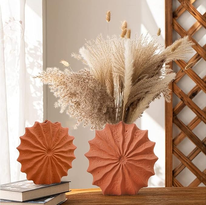 Windmill Ceramic Vase Set of 2 - Terracotta Vases with Fall Decor for Flowers, Table Centerpieces and Gifts