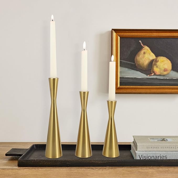 Vixdonos Brass Gold Taper Candle Holders Metal Candlestick Holders Set of 3 Table Mantel Decorative Candle Stand for Dinning,Party，Wedding,Home Decor(Brass Gold)