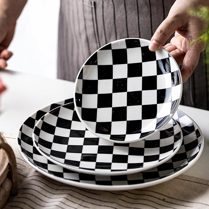 Black and White Checkered Small Dessert Plates Set of 6-6 Inch Ceramic Plates, Microwave & Dishwasher Safe, Minimalist Decorative Platters for Desserts