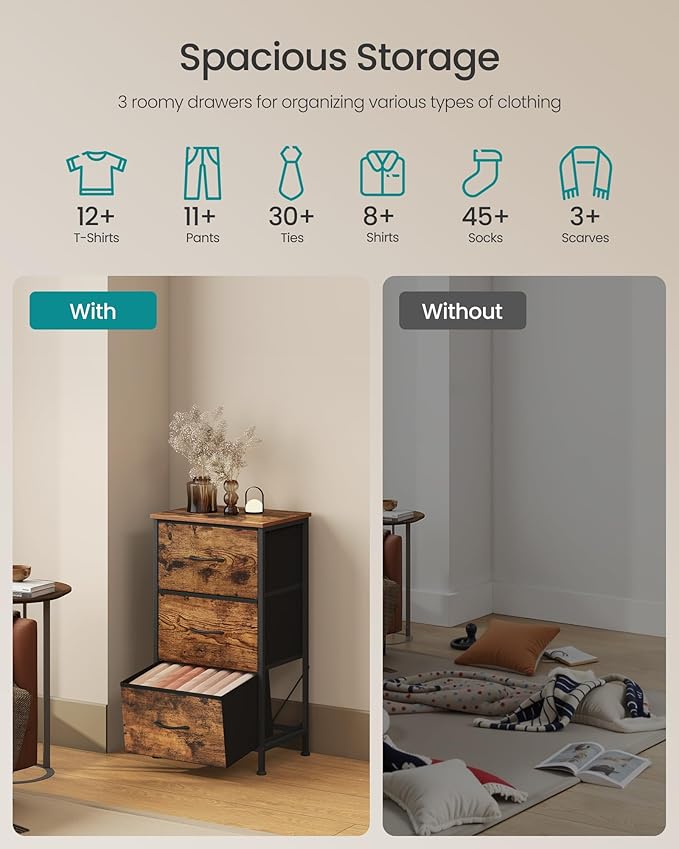 SONGMICS Dresser for Bedroom, Chest of Drawers, Steel, MDF, 3 Non-Woven Fabric Drawers, Storage Organizer Unit, Closet, Entryway, Rustic Brown and Ink Black ULGS313B02S