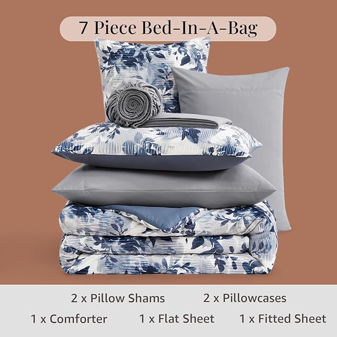 CASAAGUSTO Queen Comforter Set, 7 PCS Navy Blue Floral Comforter Set with Flowers Leaves Pattern, Soft Velvet Design for Winter Queen Size Bedding Set(90"X90")