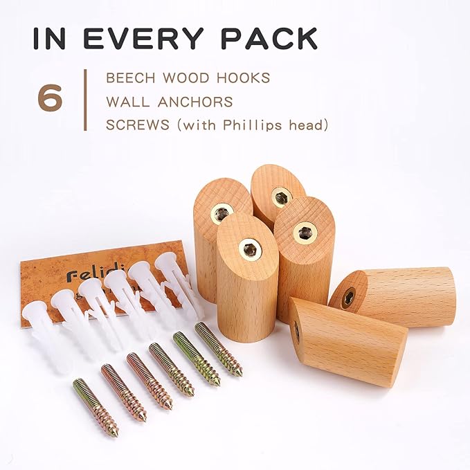 Wood Wall Hooks, 6 Pack Natural Wooden Coat Hooks Wall-Mounted, Rustic Heavy Duty Hook for Hanging Towels Coats Plants, Entryway Hat Hanger Wall Coat Rack (Beech Wood)