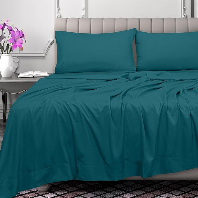 Royale Linens 300 Thread Count 100% Long Staple Combed Cotton Flat Sheet - Super Soft - Top Sheets - California King Flat Sheet Sold Separately - Breathable, Cool & Crisp Sheets Only (Cal King, Teal)