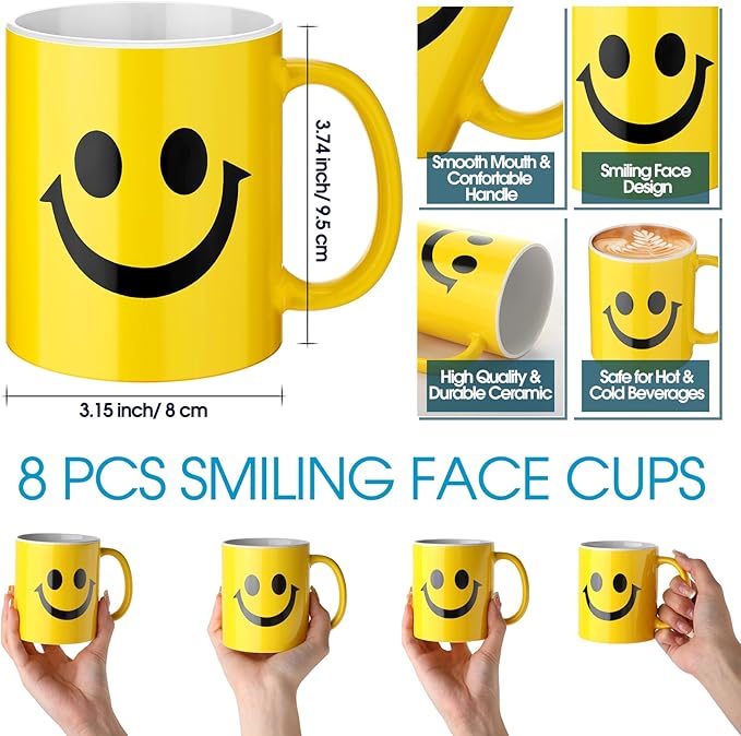Hushee 8 Pcs Smile Face Coffee Mugs Bulk 11 oz Ceramic Happy Face Cup Yellow Coffee Mug Birthday Party Gifts Funny Supplies