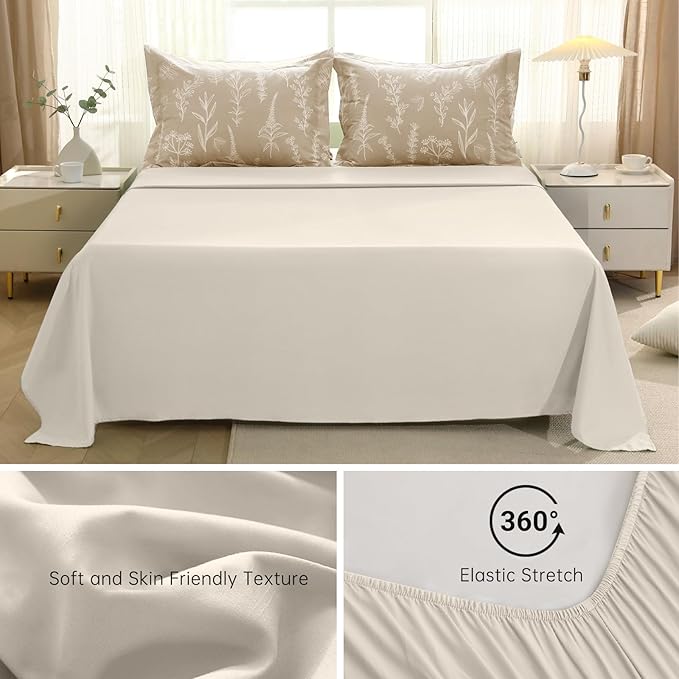 MUXHOMO Taupe Full Comforter Set, Elegant Floral Print Bed in a Bag 7 Pieces, Ultra Soft & Breathable Reversible Botanical Pattern Bedding Set with Comforter, Sheets, Pillowcases, and Shams