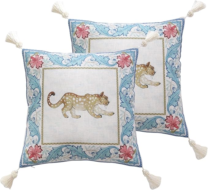 patdrea Designer Throw Pillow Cover for Couch 18"x18",Vintage French Linen Pillowscover with Cheetah Pattern and White Pendant,Farmhouse Decorative Pillowcases for Bed Living Room Outdoor Set of 2