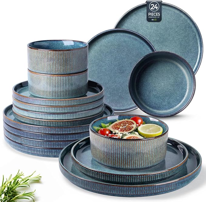 GBHOME Stoneware Dinnerware Sets for 8,Round Reactive Glaze Ceramic Plates and Bowls Set,Highly Scratch Resistant| Dishwasher & Microwave Safe Dishes Set,Service for 8(24Pcs)