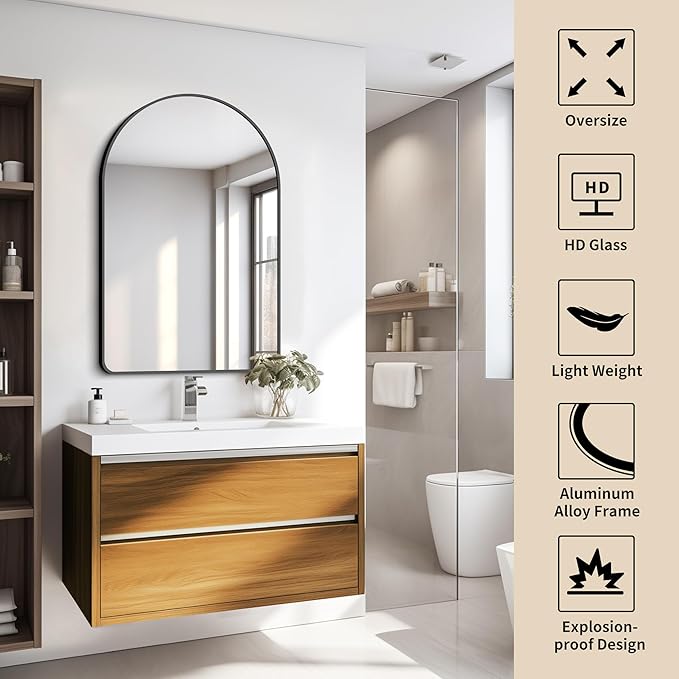 FORBATH Arched Bathroom Mirror 24x36 Inch,Bathroom Mirror Wall Mounted Modern Black Aluminum Alloy Frame Decor Dresser Mirror for Bedroom Living Room Entryway, Hanging or Leaning Against Wall