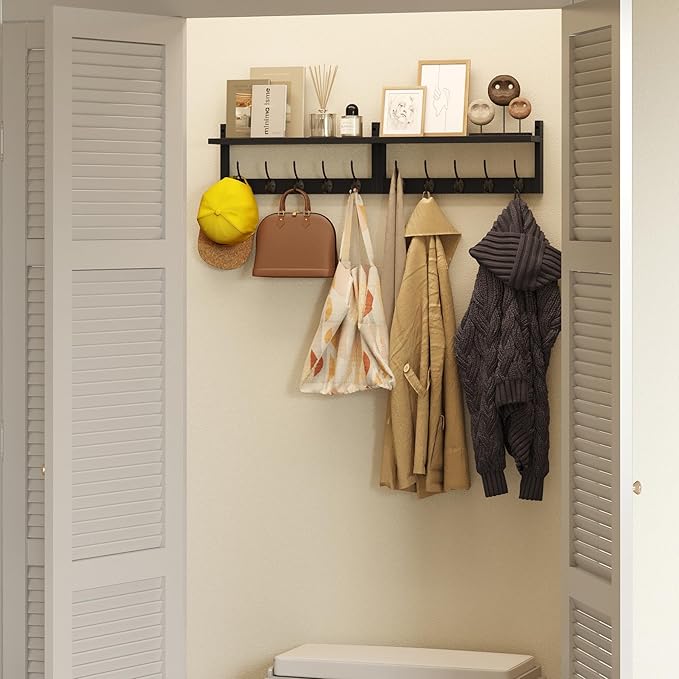 AMBIRD 34.2" Extra Long Wooden Wall Hook Rack with Shelf - Versatile and Decorative Wall-Mounted Storage with 10 Hooks for Coats, Hats, Keys, Scarves - Ideal for Entryways, Bedrooms, Closets (Black)