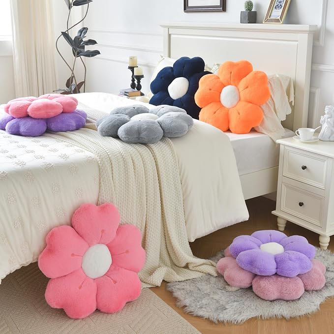 Flower Pillow, Flower Shaped Pillow Decorative Throw Pillows for Bed Couch, Cute Daisy Pillow Dorm Decor Floor Seating Cushion (Dark Purple, 19.6 Inches)