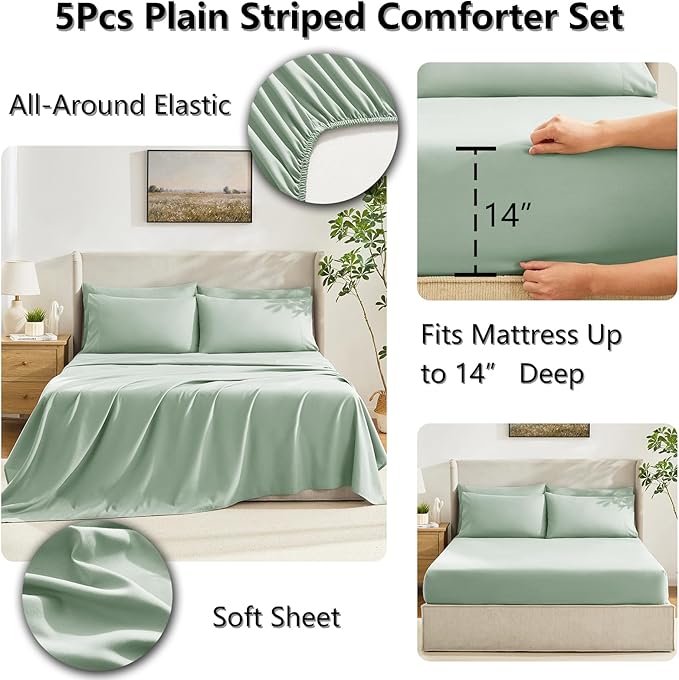 CozyLux Twin Comforter Set with Sheets Sage Green, 5 Pieces Bed in a Bag, Green Comforter Twin Size, All Season Bedding Set with Stitch Quilted Comforter, Flat Sheet, Fitted Sheet, Pillowcases