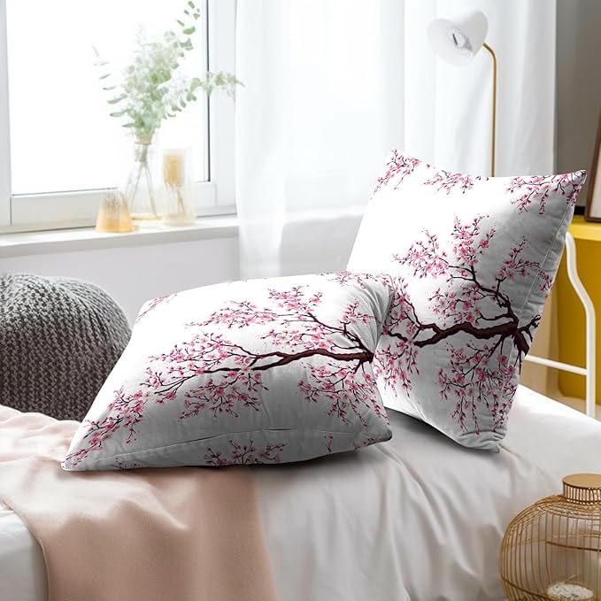Cherry Blossom Throw Pillow Cover - Japanese Decorative Pillowcases 22x22 Inch Set of 2, Pink Flower Pillow Cases With Hidden Zipper for Home Cushion Decor