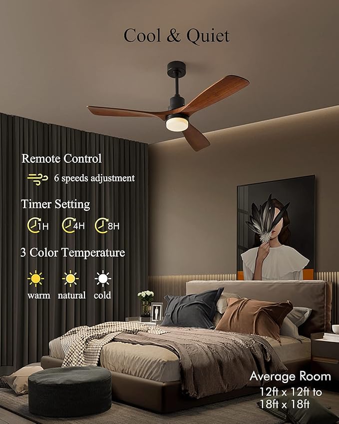 Ceiling Fans with Lights, 60" Wood Ceiling Fan with Remote Control, 3 Walnut Fan Blades Reversible Quiet DC Motor 6 Speeds Timing Farmhouse Ceiling Fan for Bedroom/Living Room/Study/Porch