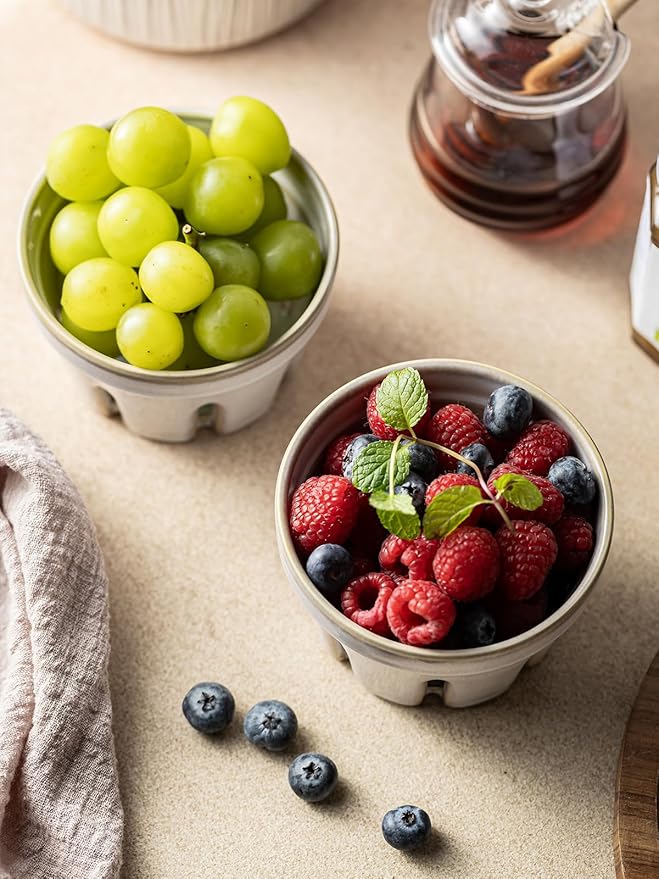 Gomakren Ceramic Fruit Basket Set of 2, Round Fruit Bowl with Holes, Small Berry Basket Containers for Kitchen Counter, Berries, Strawberry, Grape, Cherry, White