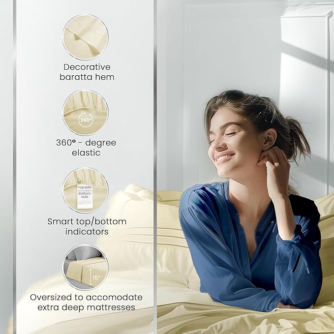 CHATEAU HOME COLLECTION 100% Cotton Sheets King Size - 1000 Thread Count Luxury Sateen Weave- 15" Deep Pocket King Sheet Set- Machine Washable Fade Restistant- Semolina